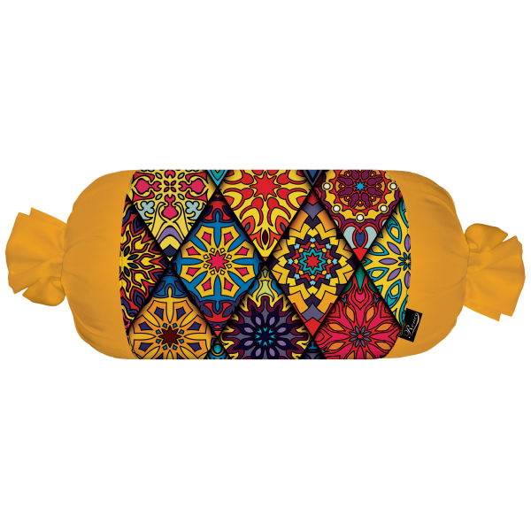Traditional Persian Cylindrical Bolster Pillow with Velvet Fabric Yellow