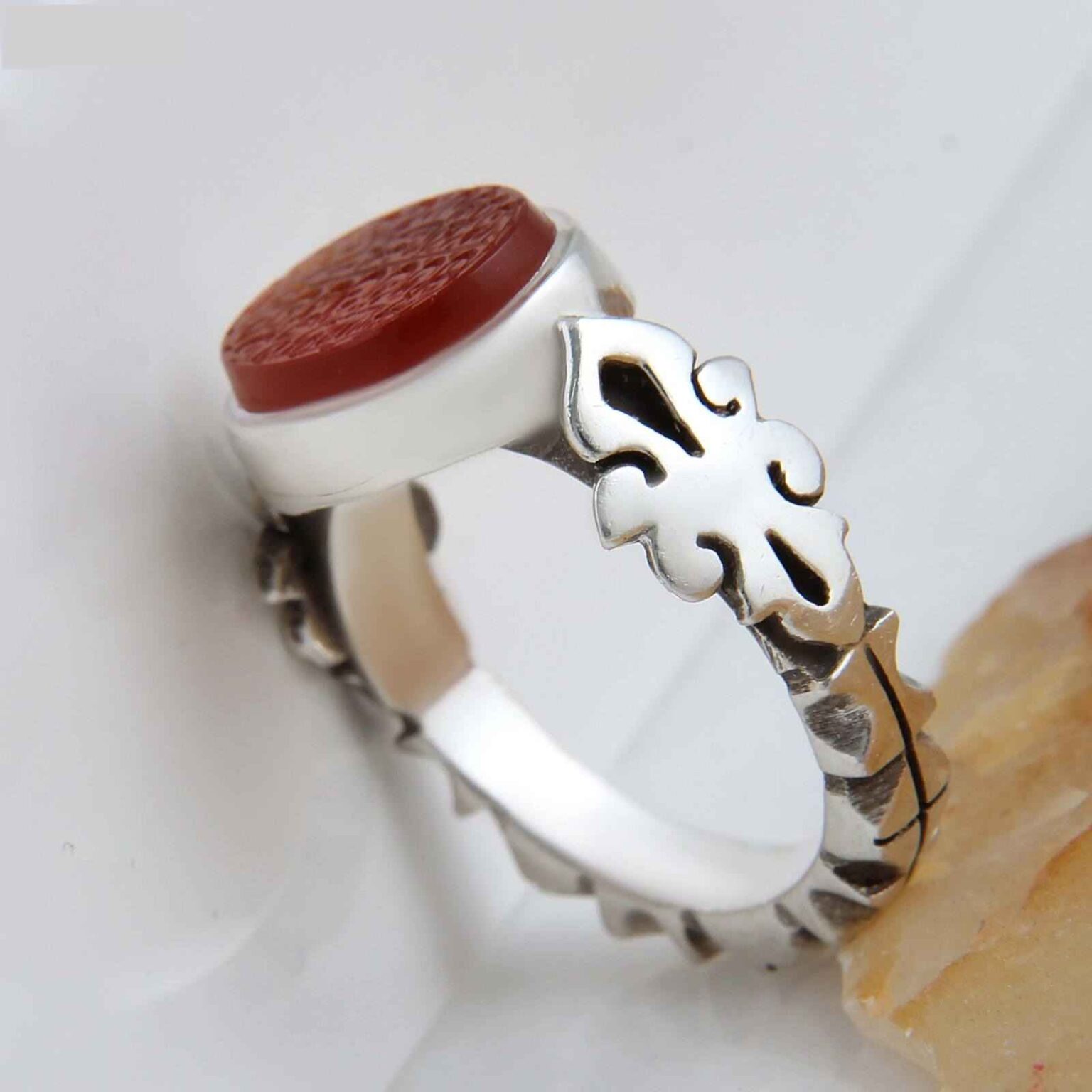Men's Sterling Silver & Yemeni Agate Ring | Hazrat Ali Sword with Red Oval Stone