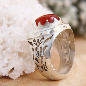 Muslim Silver Yemeni Aqeeq Men's Ring Model Red glass