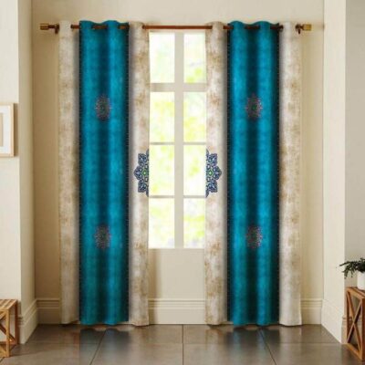 Persian Eyelet Curtain – Printed Velvet Blue Design