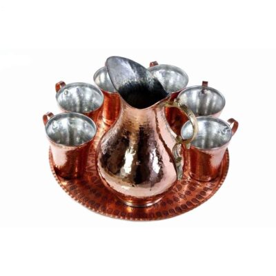 Persian Copper Cup – Set of 8 Handcrafted with Handle for Cold Drinks – Hammered with Pitcher
