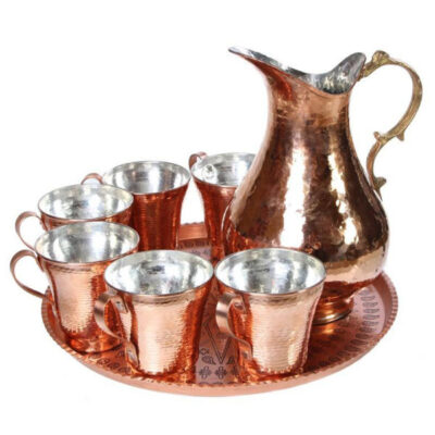 Persian Copper Cup – Set of 8 Handcrafted with Handle for Cold Drinks – Hammered with Pitcher