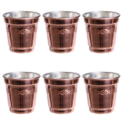 Persian Copper Cup – Set of 6 Handcrafted with Handle for Cold Drinks – Hammered Diamond