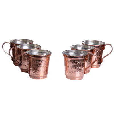 Persian Copper Cup – Set of 6 Handcrafted with Handle for Cold Drinks – Hammered Ava