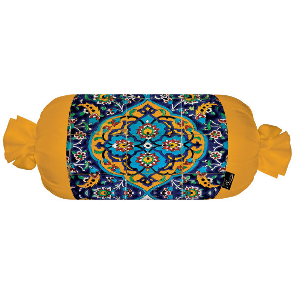 Traditional Persian Cylindrical Bolster Pillow with Velvet Fabric Yellow