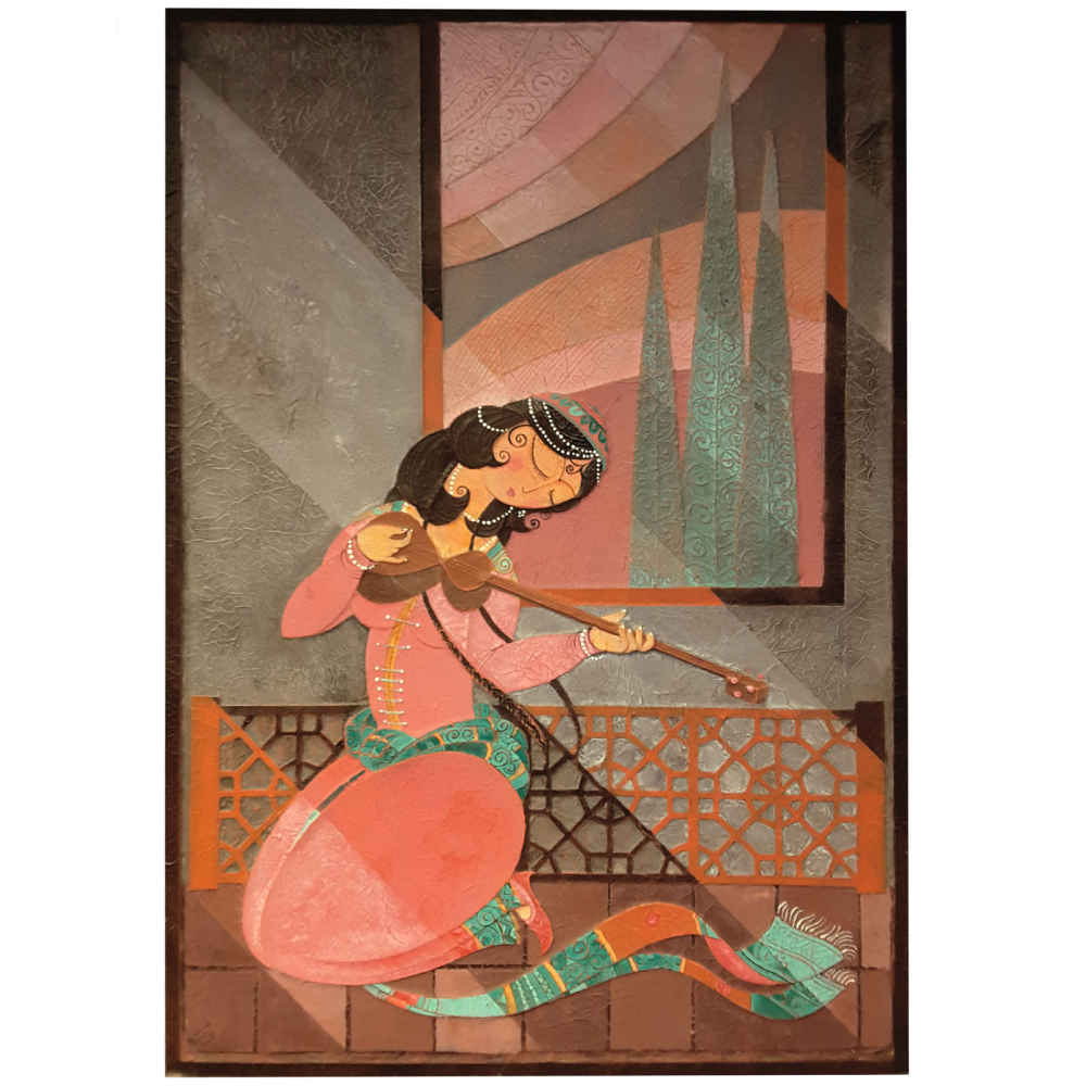 Original Persian Abstract Art Painting - Watercolor on Wood, Musician Girl with Setar