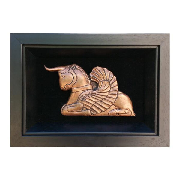 Handmade Framed Persian Engraved Copper Art Ancient Horned Horse