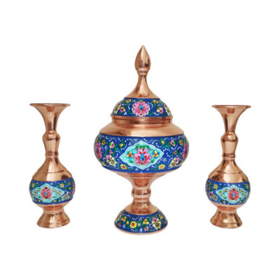 Handcrafted Persian Copper Sugar Bowl with Lid & Vases – Minakari Enameled Lotus