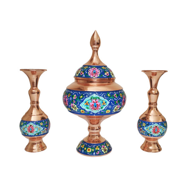 Handcrafted Persian Copper Sugar Bowl with Lid & Vases - Minakari Enameled Lotus