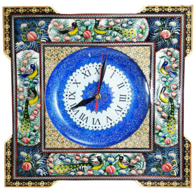 Handcrafted Persian Wooden Wall Clock – Khatam Marquetry Art, Square
