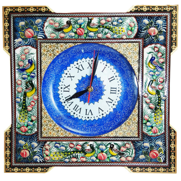 Handcrafted Persian Wooden Wall Clock - Khatam Marquetry Art, Square