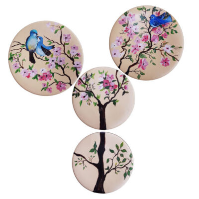 Hand-Painted Decorative Pottery Plate Tree & Birds (4X)