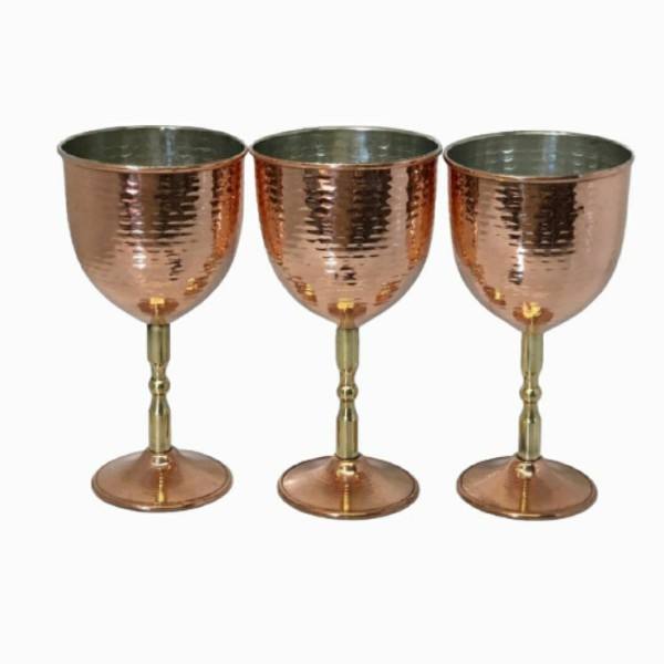 Set of 3 Handcrafted Persian Copper Wine Glass Stemware - Hammered Model Narges