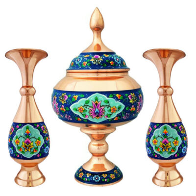 Handcrafted Persian Copper Sugar Bowl with Lid & Vases – Minakari Enameled Flower