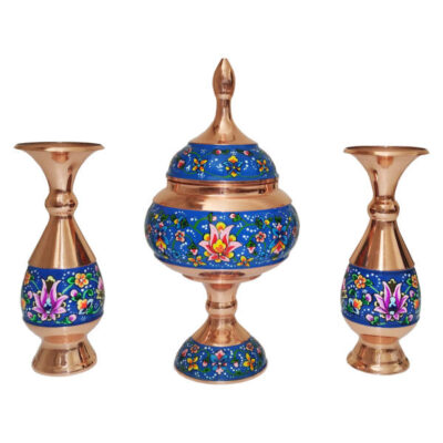 Handcrafted Persian Copper Sugar Bowl with Lid & Vases – Minakari Enameled Artistic