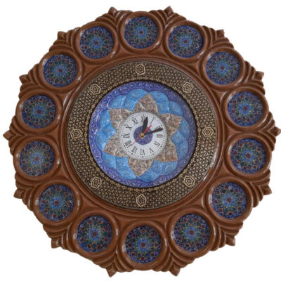 Handcrafted Persian Wooden Wall Clock – Minakari Enameled Navy Blue