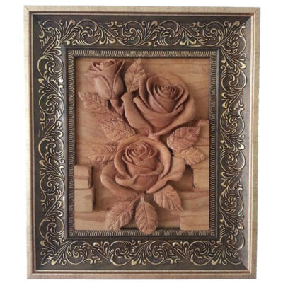 Framed Wood Carved Art Artistic Rose Flower