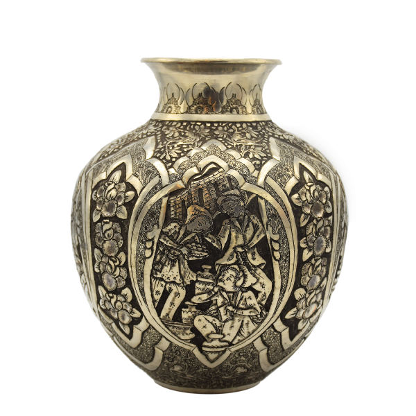 Handcrafted Persian Engraved Copper Vase Decorative with Leili & Majnoon Design