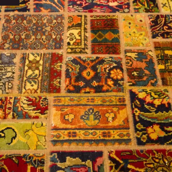 Iranian Old Handwoven Wool Collage Rug Model Zard