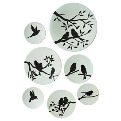 Set of 7 Hand-Painted Decorative Pottery Plate Sparrow