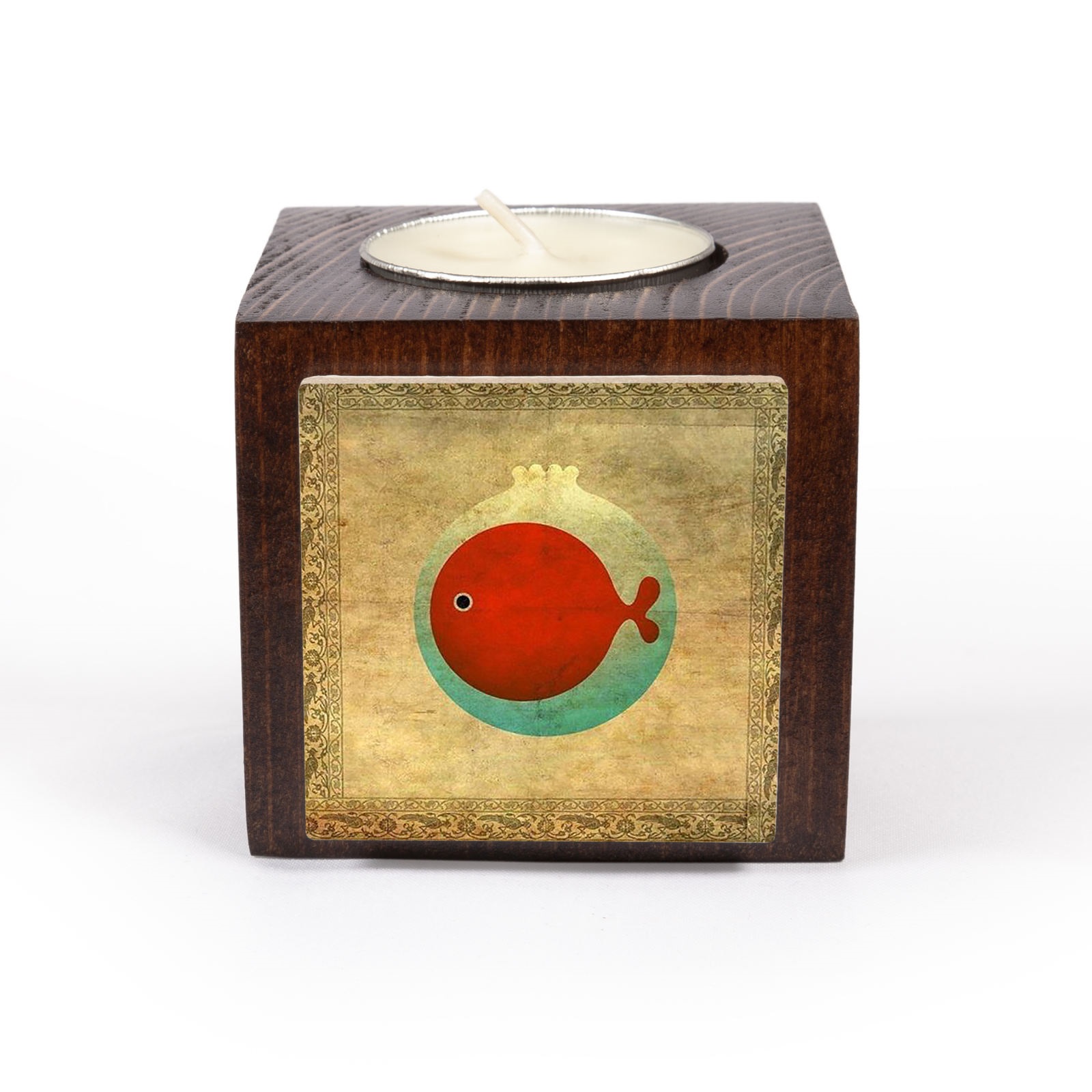 Persian Wooden Cube Tealight Holder Golden Fish (2X)