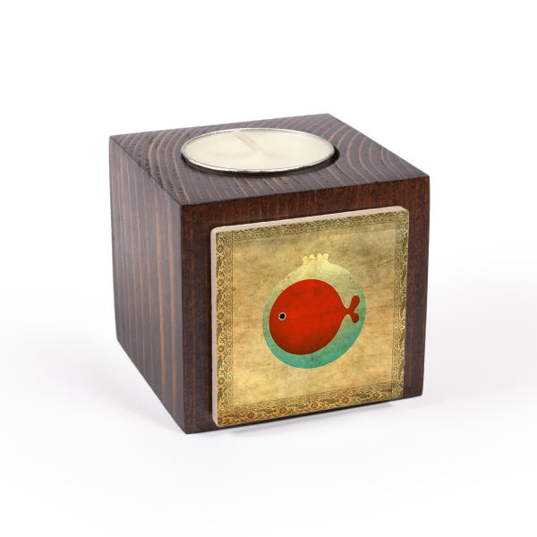 Persian Wooden Cube Tealight Holder Golden Fish (2X)
