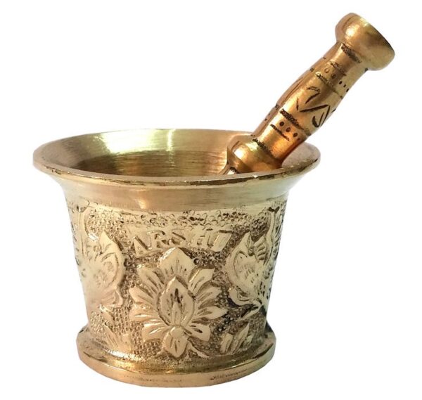 Brass Mortar & Pestle with Traditional Persian Floral Pattern Flower