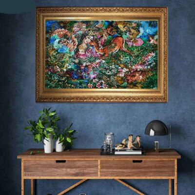 Hand-Knotted Persian Wall Hanging Rug from Tabriz Depicting Existence Miniature