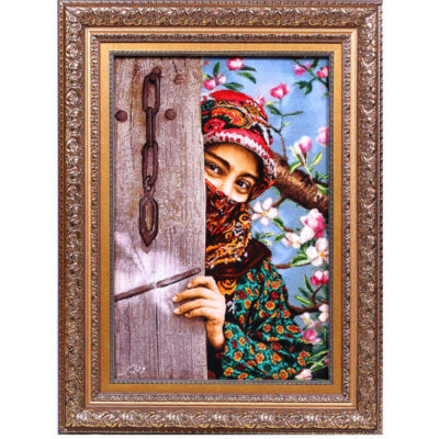 Hand-Knotted Persian Pictorial Rug from Tabriz Depicting Face