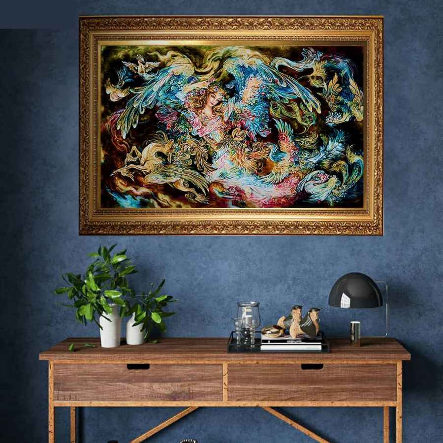 Hand-Knotted Persian Wall Hanging Rug from Tabriz Depicting Simorgh Miniature