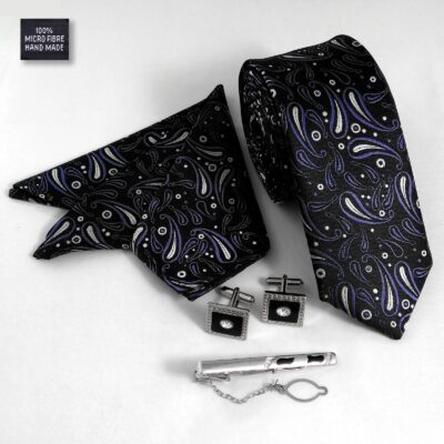 Men’s Tie, Handkerchief & Cufflinks Neckwear Set – Luxurious Black