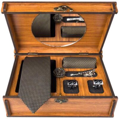 Men’s Tie, Handkerchief & Cufflinks Neckwear Set – Luxurious Brown