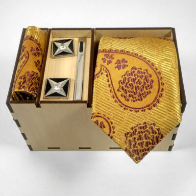 Men’s Tie, Handkerchief & Cufflinks Neckwear Set – Luxurious Golden