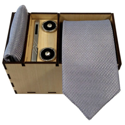 Men’s Tie, Handkerchief & Cufflinks Neckwear Set – Luxurious Gray