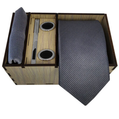 Men’s Tie, Handkerchief & Cufflinks Neckwear Set – Luxurious Gray