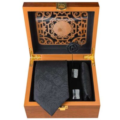 Men’s Tie, Handkerchief & Cufflinks Neckwear Set – Luxurious Black