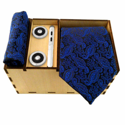 Men’s Tie, Handkerchief & Cufflinks Neckwear Set – Luxurious Ocean