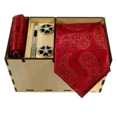 Men’s Tie, Handkerchief & Cufflinks Neckwear Set – Luxurious Red