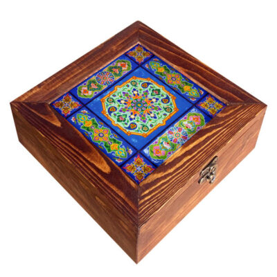 Persian Wooden Tea Bag Organizer Box with Chests Blue Design