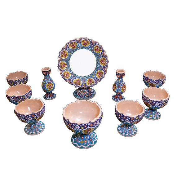 Elegant Pottery Haft-sin Minakari Set for Nowruz Persian New Year Blue