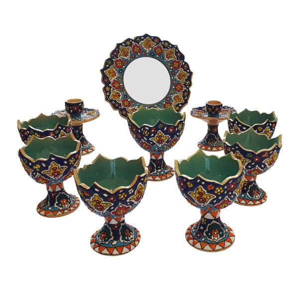 Elegant Pottery Haft-sin Minakari Set for Nowruz Persian New Year Green