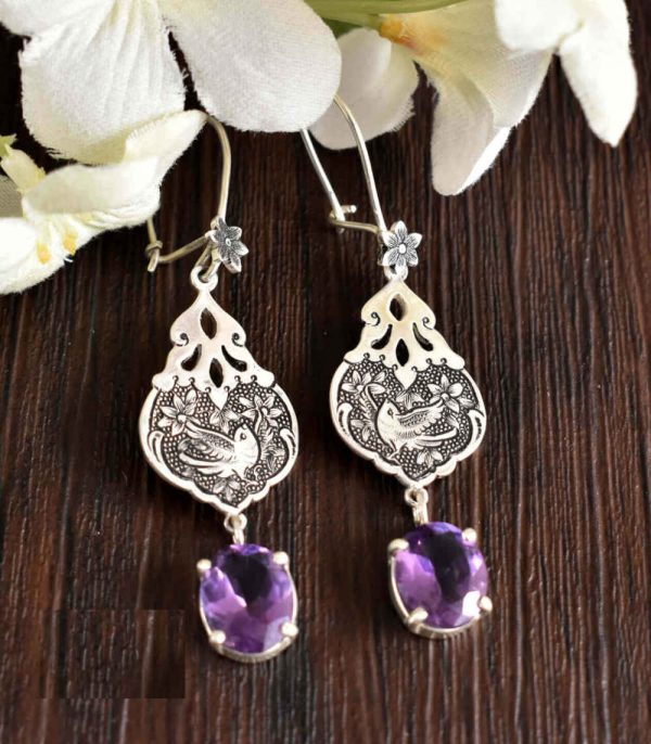 Persian Engraved Silver Earrings with Amethyst Gemstone