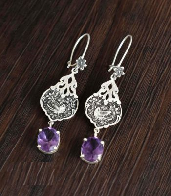 Persian Engraved Silver Earrings with Amethyst Gemstone