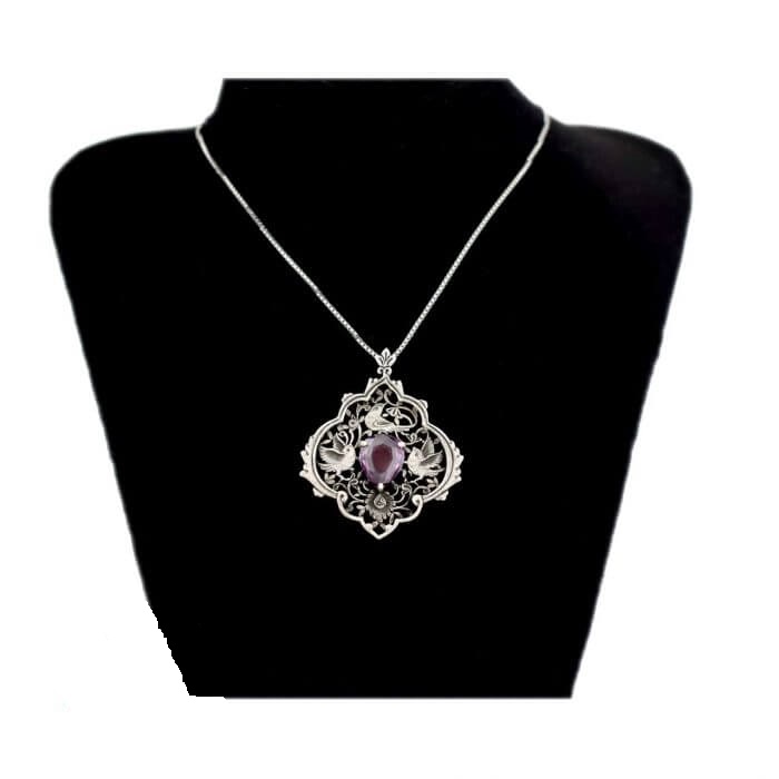 Persian Engraved Silver Pendant with Amethyst Gemstone