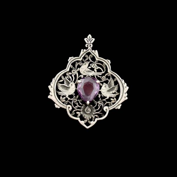 Persian Engraved Silver Pendant with Amethyst Gemstone