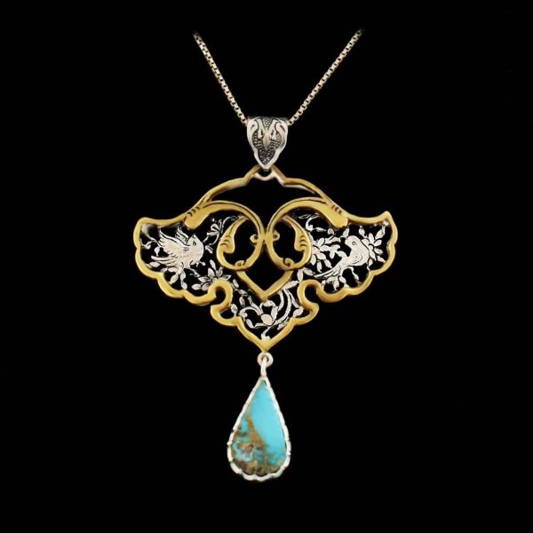 Persian Engraved Silver Pendant with Turquoise Gemstone