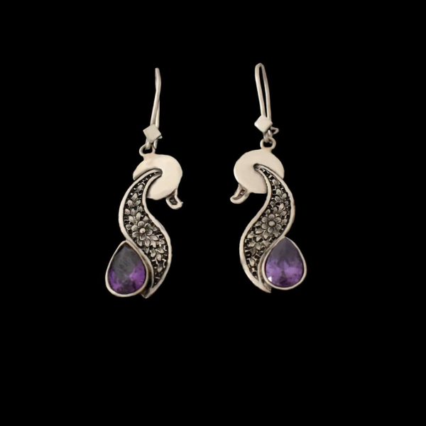 Persian Engraved Silver Earrings with Purple Amethyst Gemstone