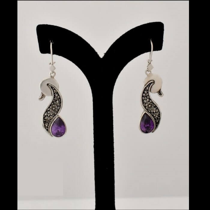 Persian Engraved Silver Earrings with Purple Amethyst Gemstone