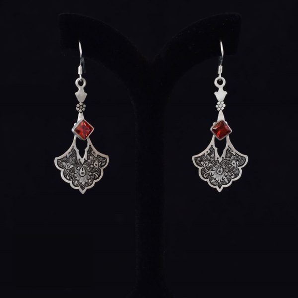 Persian Engraved Silver Earrings with Synthetic Gemstone