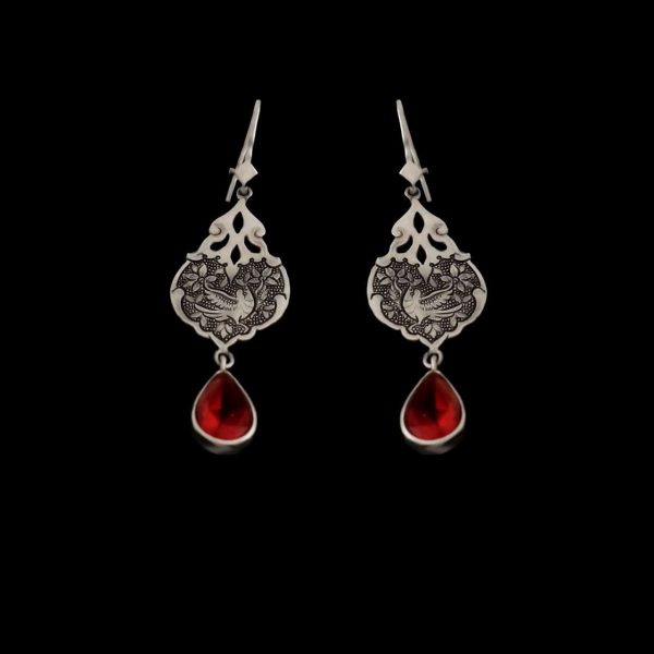 Persian Engraved Silver Earrings with Ruby Gemstone